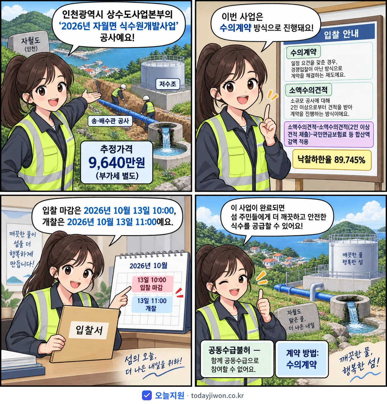 4컷 만화로 보는 공고: 인천광역시 상수도사업본부 '자월면 식수원개발사업', 추정가격 9,640만원, 입찰 마감 10/13 10:00