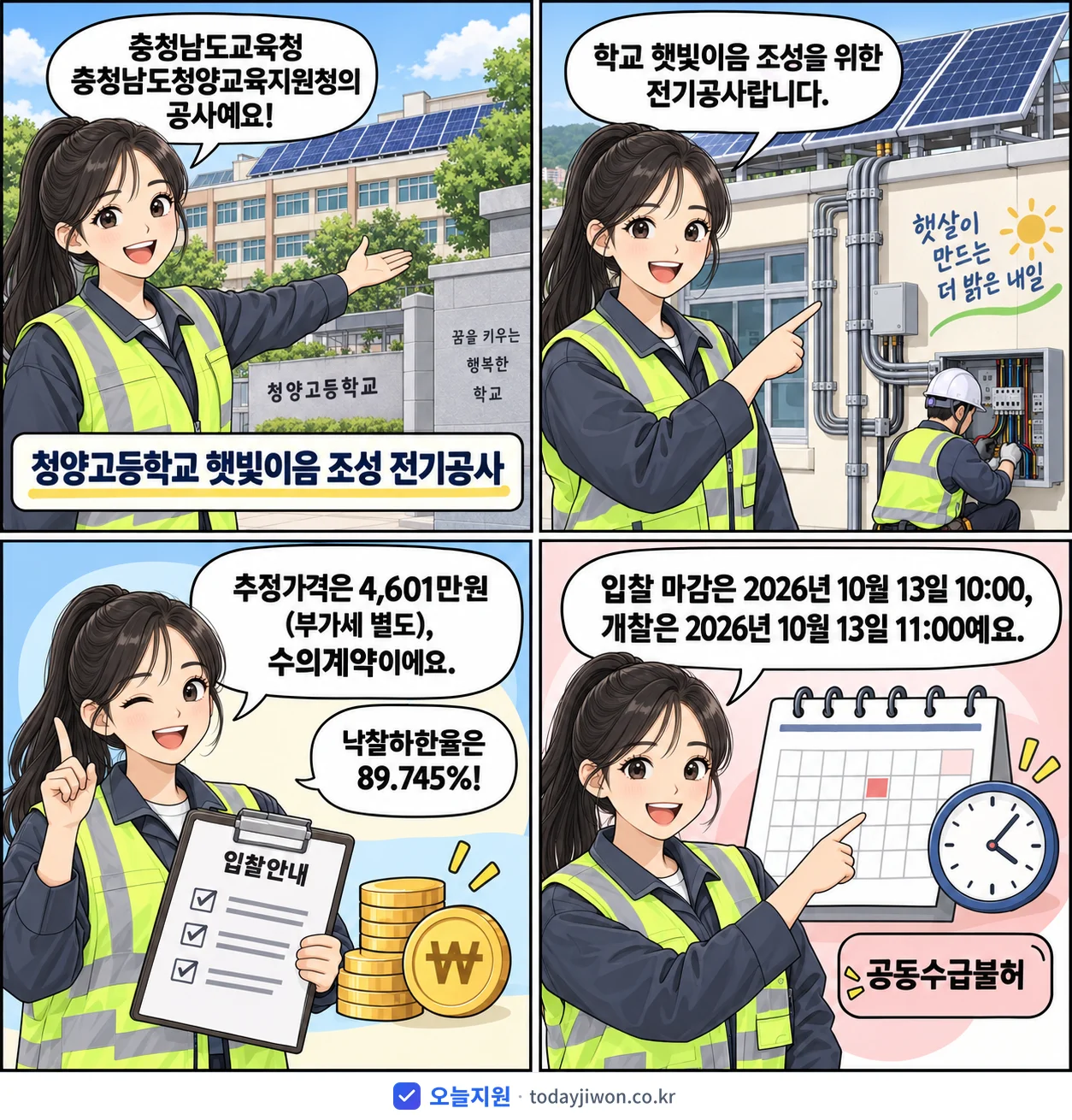 4컷 만화로 보는 공고: 충청남도교육청 충청남도청양교육지원청 '청양고등학교 햇빛이음 조성 전기공사', 추정가격 4,601만원, 입찰 마감 10/13 10:00