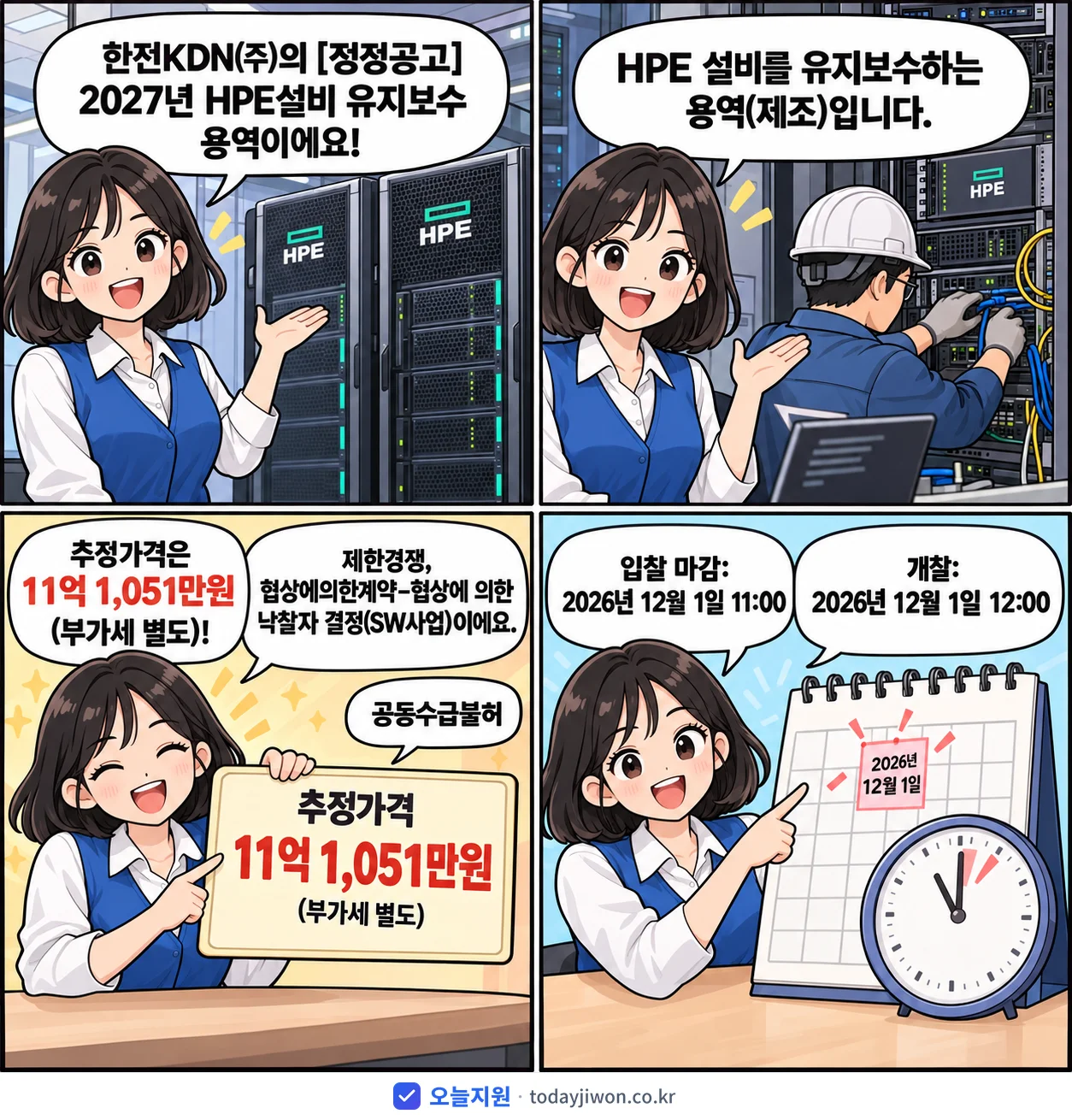 4컷 만화로 보는 공고: 한전KDN(주) 'HPE설비 유지보수', 추정가격 11억 1,051만원, 입찰 마감 12/1 11:00