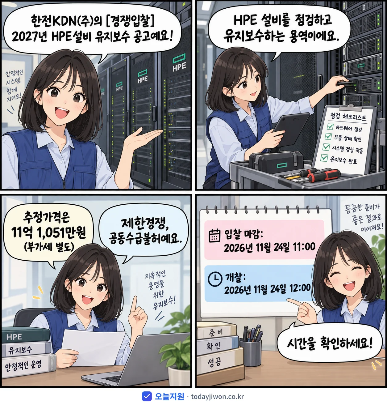 4컷 만화로 보는 공고: 한전KDN(주) 'HPE설비 유지보수', 추정가격 11억 1,051만원, 입찰 마감 11/24 11:00