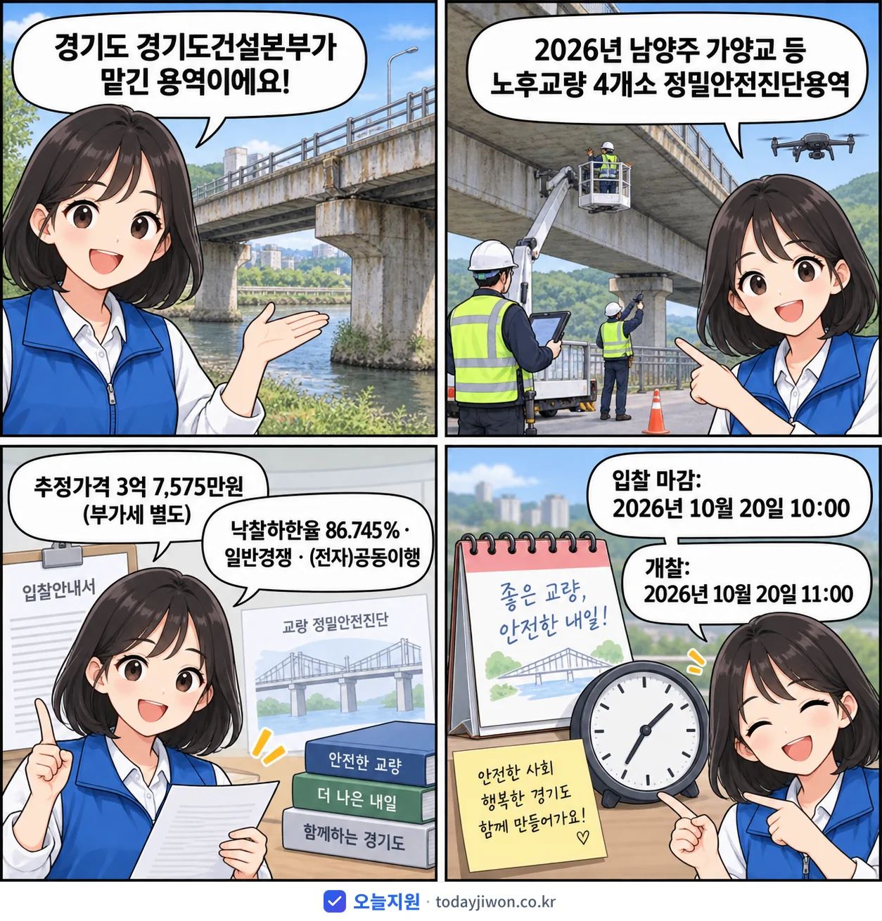 4컷 만화로 보는 공고: 경기도 경기도건설본부 '남양주 가양교 등 노후교량 4개소 정밀안전진단용역', 추정가격 3억 7,575만원, 입찰 마감 10/20 10:00