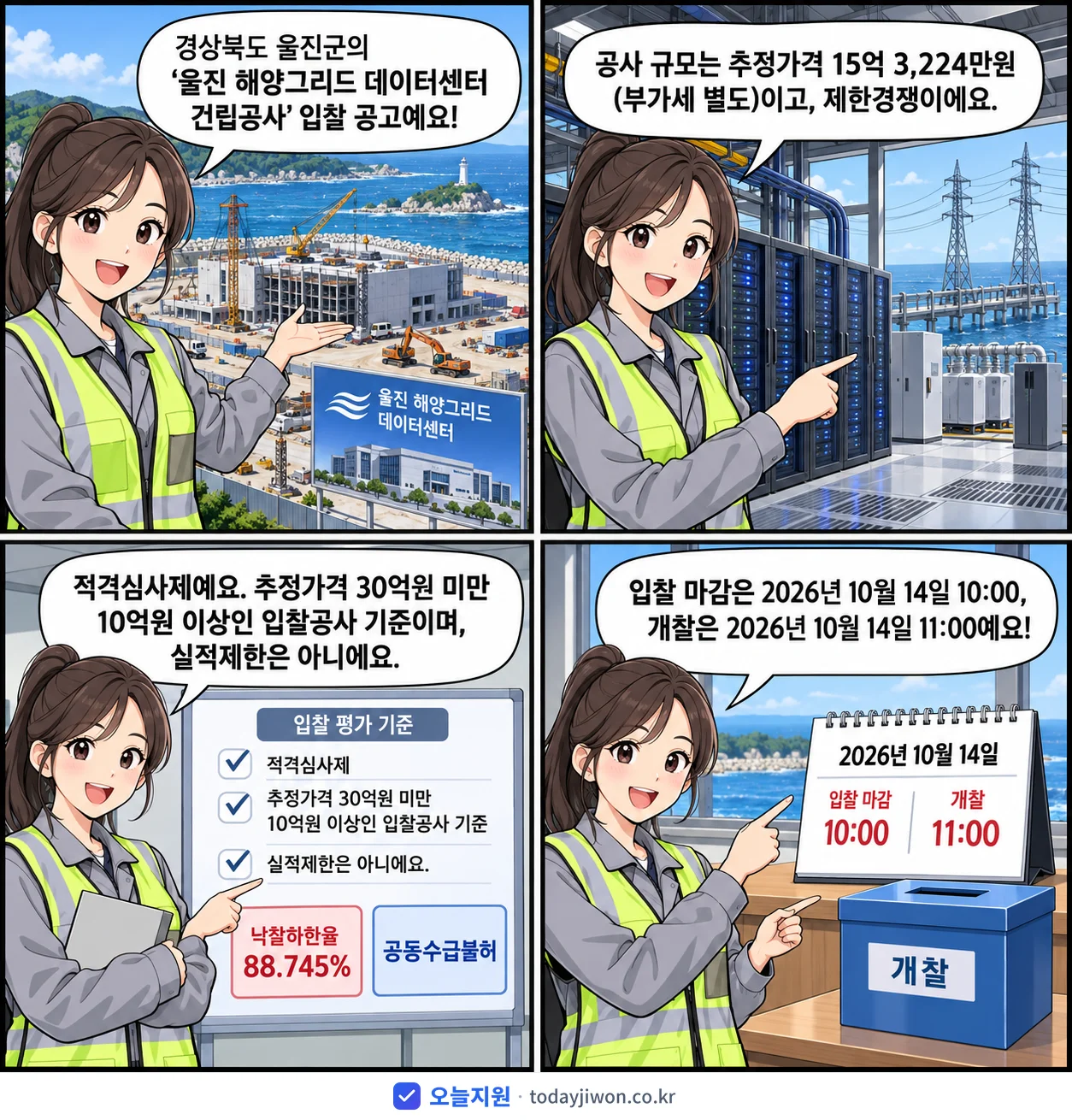 4컷 만화로 보는 공고: 경상북도 울진군 '울진 해양그리드 데이터센터 건립공사', 추정가격 15억 3,224만원, 입찰 마감 10/14 10:00