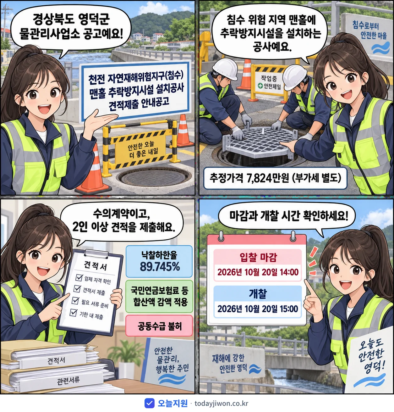 4컷 만화로 보는 공고: 경상북도 영덕군 물관리사업소 '천전 자연재해위험지구(침수) 맨홀 추락방지시설 설치공사 견적제출 안내공고', 추정가격 7,824만원, 입찰 마감 10/20 14:00