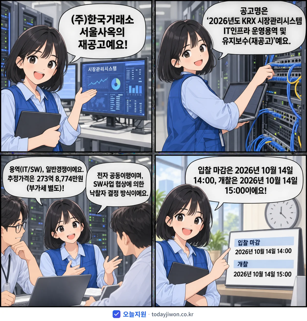 4컷 만화로 보는 공고: (주)한국거래소 서울사옥 'KRX 시장관리시스템 IT인프라 운영용역 및 유지보수', 추정가격 273억 8,774만원, 입찰 마감 10/14 14:00