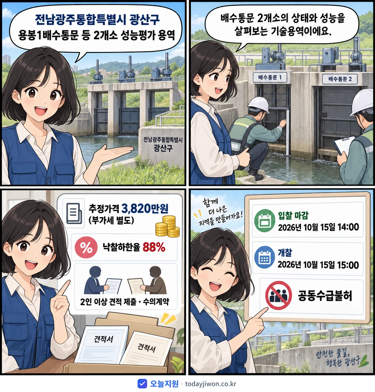 4컷 만화로 보는 공고: 전남광주통합특별시 광산구 '용봉1배수통문 등 2개소 성능평가 용역', 추정가격 3,820만원, 입찰 마감 10/15 14:00
