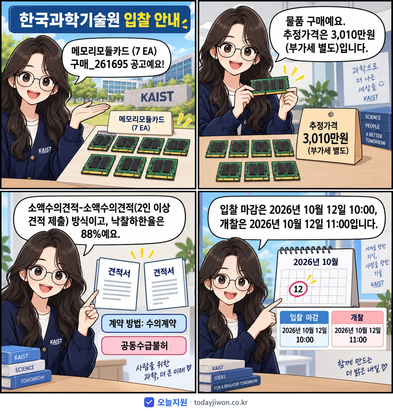 4컷 만화로 보는 공고: 한국과학기술원 '메모리모듈카드 (7 EA) 구매_261695', 추정가격 3,010만원, 입찰 마감 10/12 10:00
