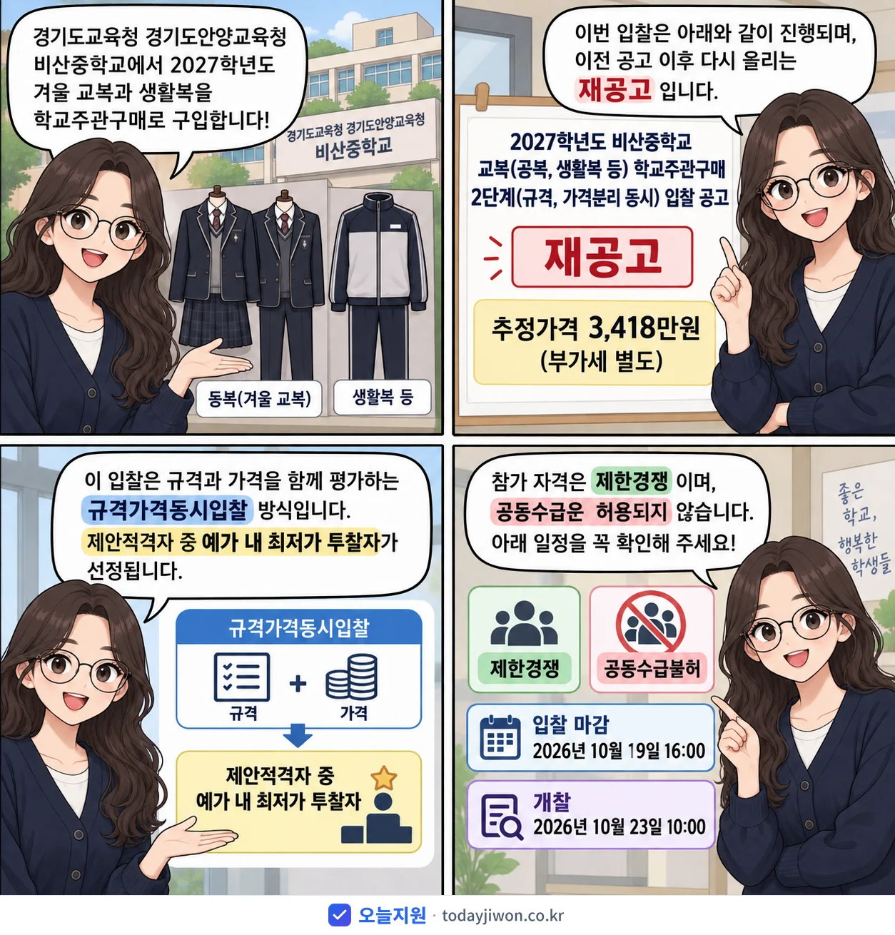 4컷 만화로 보는 공고: 경기도교육청 경기도안양교육청 비산중학교 '학년도 비산중학교 교복(동복, 생활복 등) 학교주관구매 2단계(규격,…', 추정가격 3,418만원, 입찰 마감 10/19 16:00