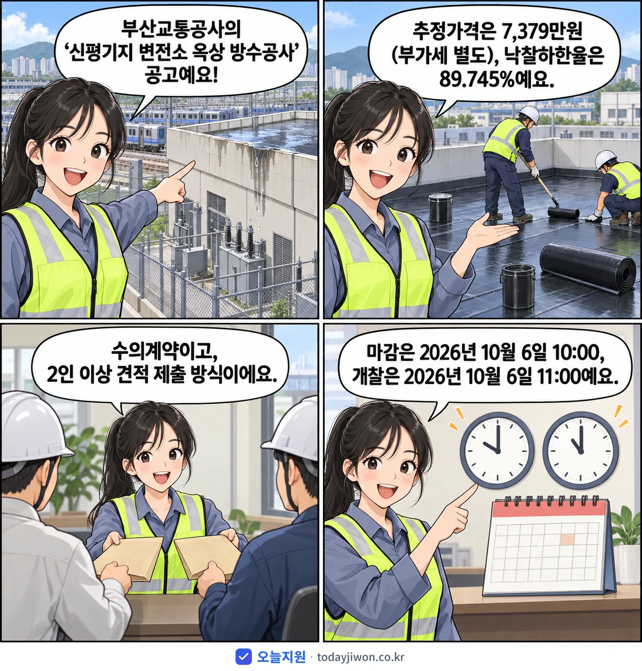 4컷 만화로 보는 공고: 부산교통공사 '신평기지 변전소 옥상 방수공사', 추정가격 7,379만원, 입찰 마감 10/6 10:00