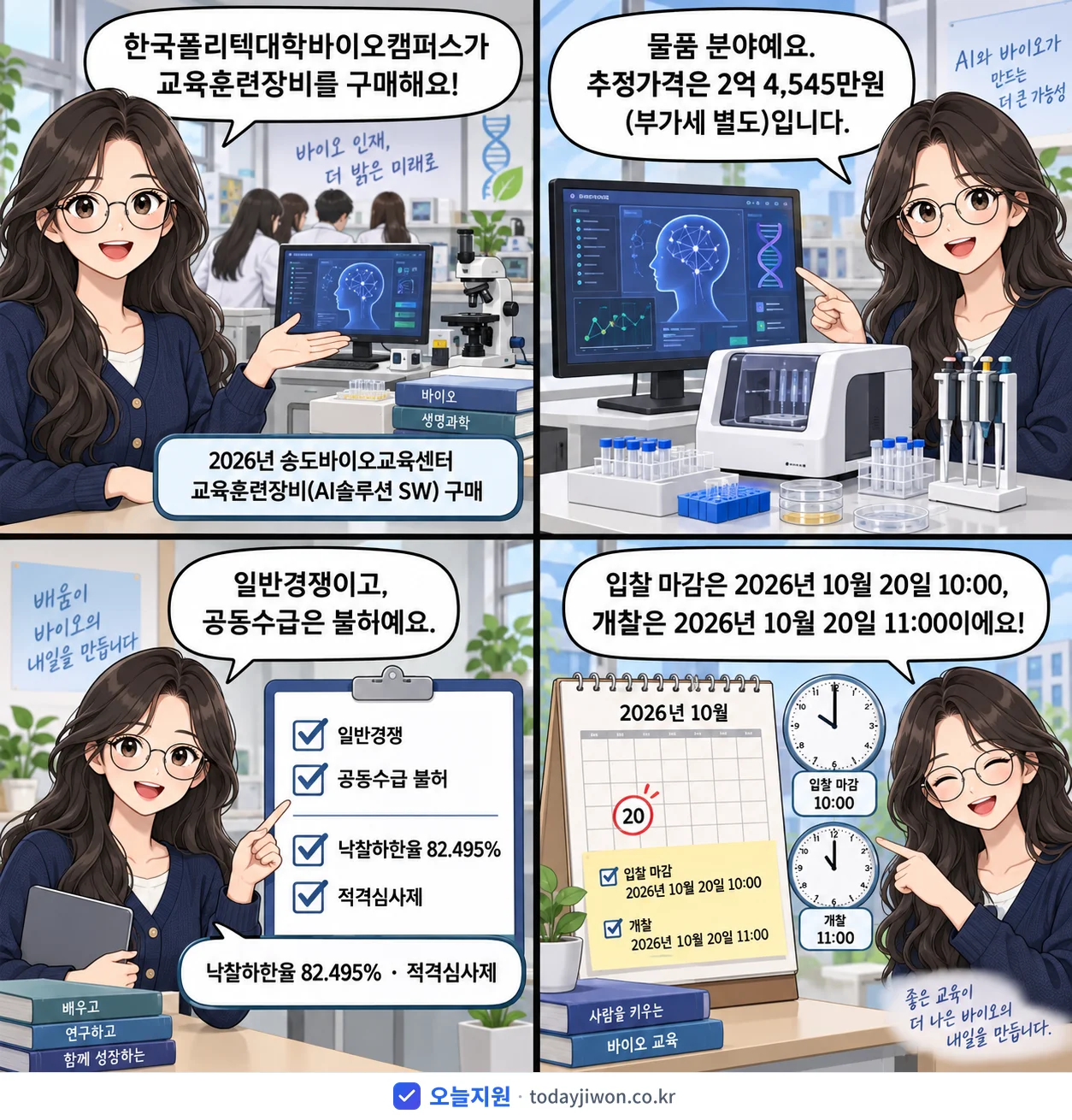 4컷 만화로 보는 공고: 한국폴리텍대학바이오캠퍼스 '송도바이오교육센터 교육훈련장비(AI솔루션 SW) 구매', 추정가격 2억 4,545만원, 입찰 마감 10/20 10:00