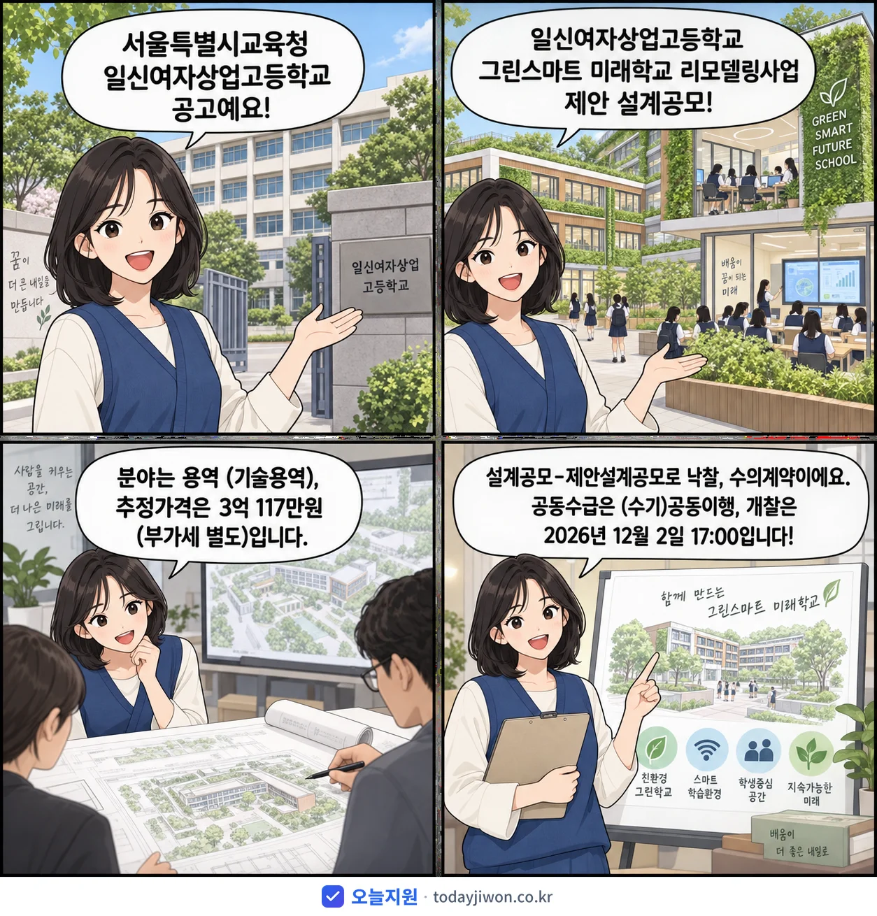4컷 만화로 보는 공고: 서울특별시교육청 일신여자상업고등학교 '일신여자상업고등학교 그린스마트 미래학교 리모델링사업 제안 설계공모', 추정가격 3억 117만원