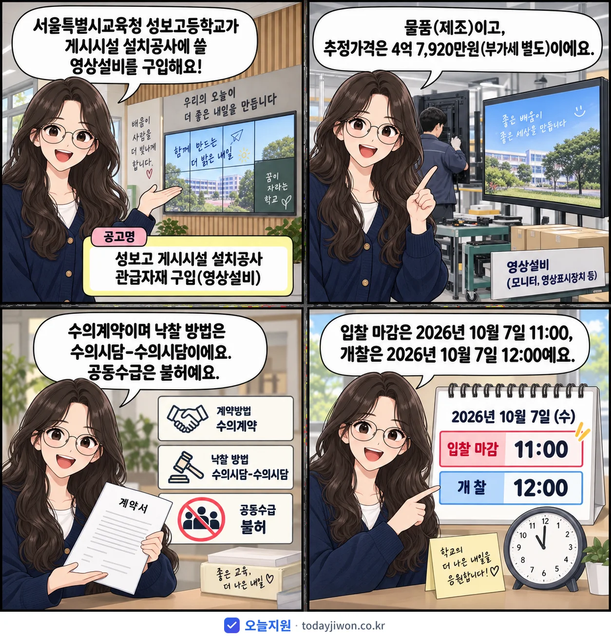4컷 만화로 보는 공고: 서울특별시교육청 성보고등학교 '성보고 게시시설 설치공사 관급자재 구입(영상설비)', 추정가격 4억 7,920만원, 입찰 마감 10/7 11:00