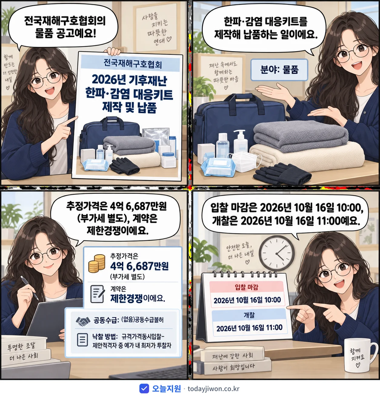 4컷 만화로 보는 공고: 전국재해구호협회 '기후재난 한파·감염 대응키트 제작 및 납품', 추정가격 4억 6,687만원, 입찰 마감 10/16 10:00