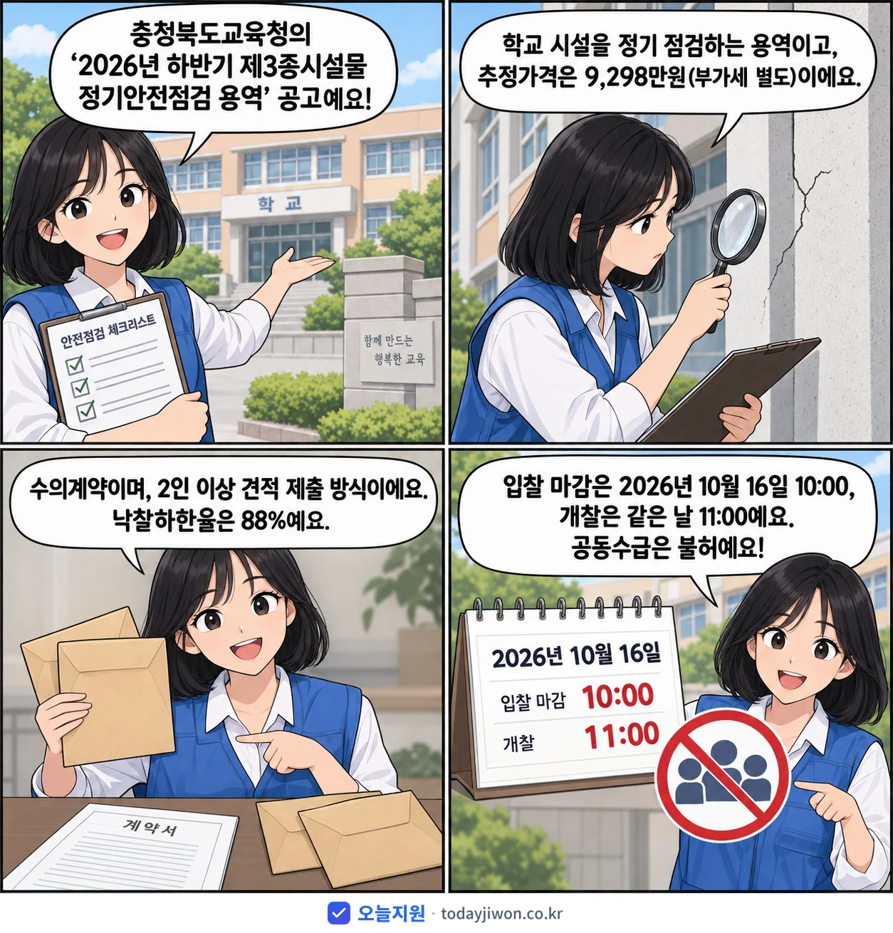 4컷 만화로 보는 공고: 충청북도교육청 '하반기 제3종시설물 정기안전점검 용역', 추정가격 9,298만원, 입찰 마감 10/16 10:00