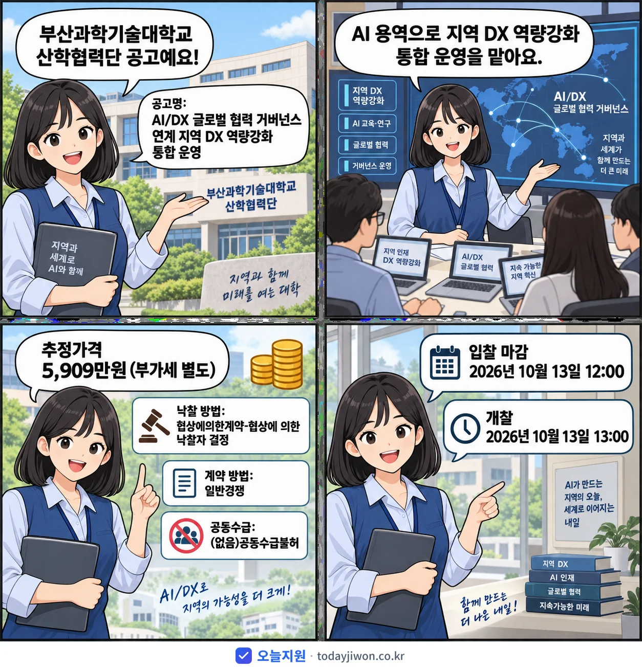 4컷 만화로 보는 공고: 부산과학기술대학교 산학협력단 'AI/DX 글로벌 협력 거버넌스 연계 지역 DX 역량강화 통합 운영', 추정가격 5,909만원, 입찰 마감 10/13 12:00