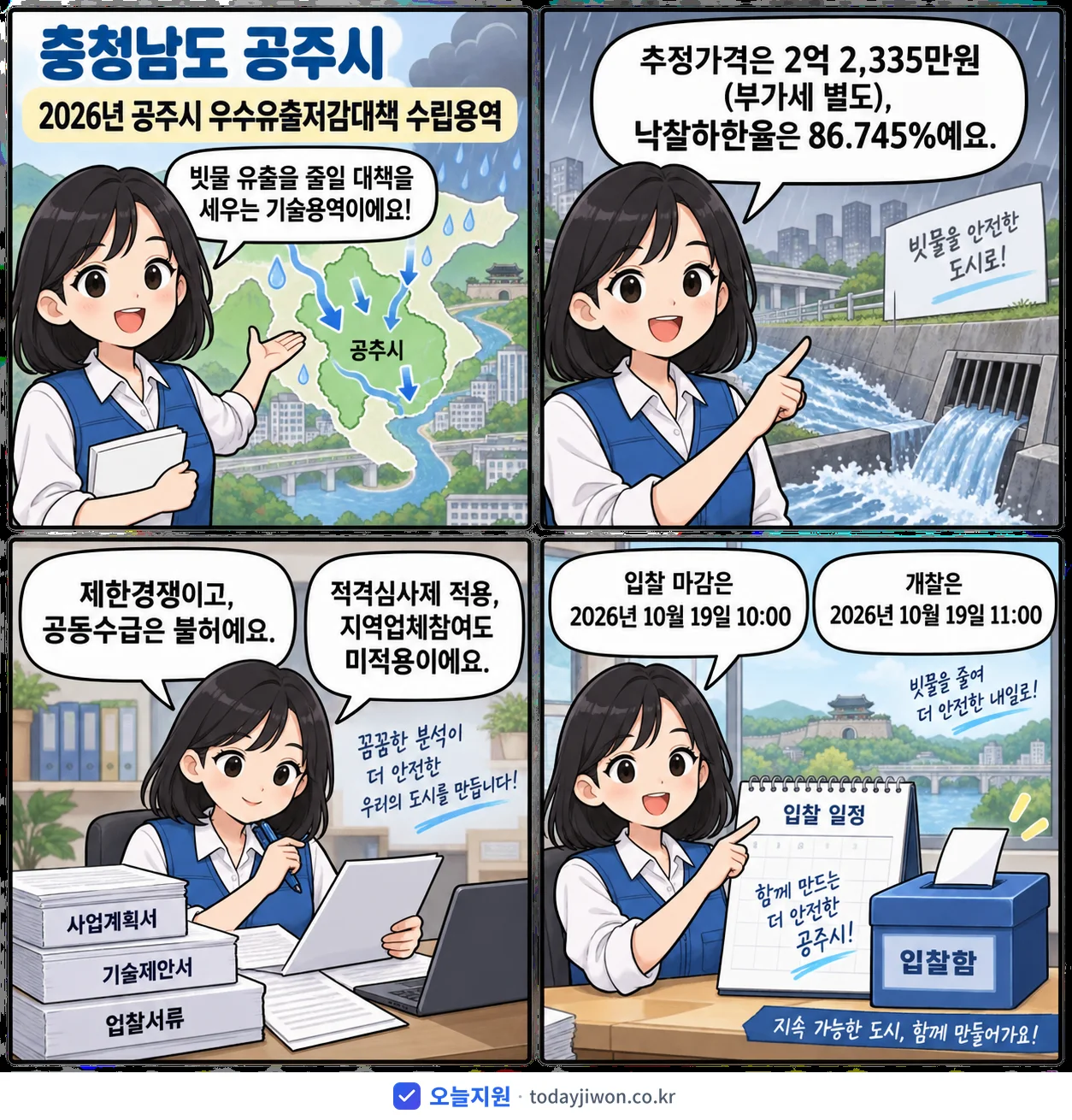 4컷 만화로 보는 공고: 충청남도 공주시 '공주시 우수유출저감대책 수립용역', 추정가격 2억 2,335만원, 입찰 마감 10/19 10:00