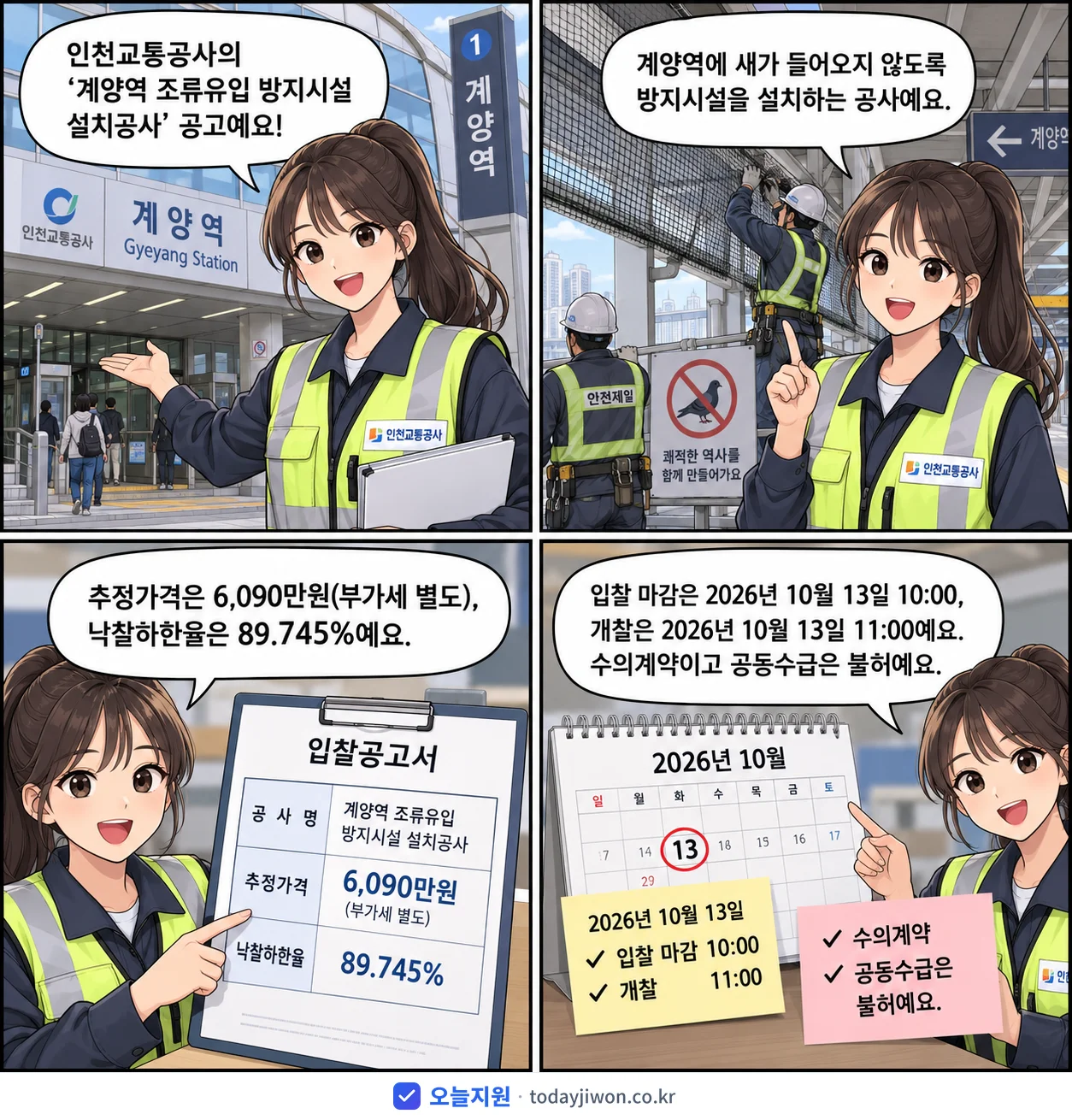 4컷 만화로 보는 공고: 인천교통공사 '계양역 조류유입 방지시설 설치공사', 추정가격 6,090만원, 입찰 마감 10/13 10:00