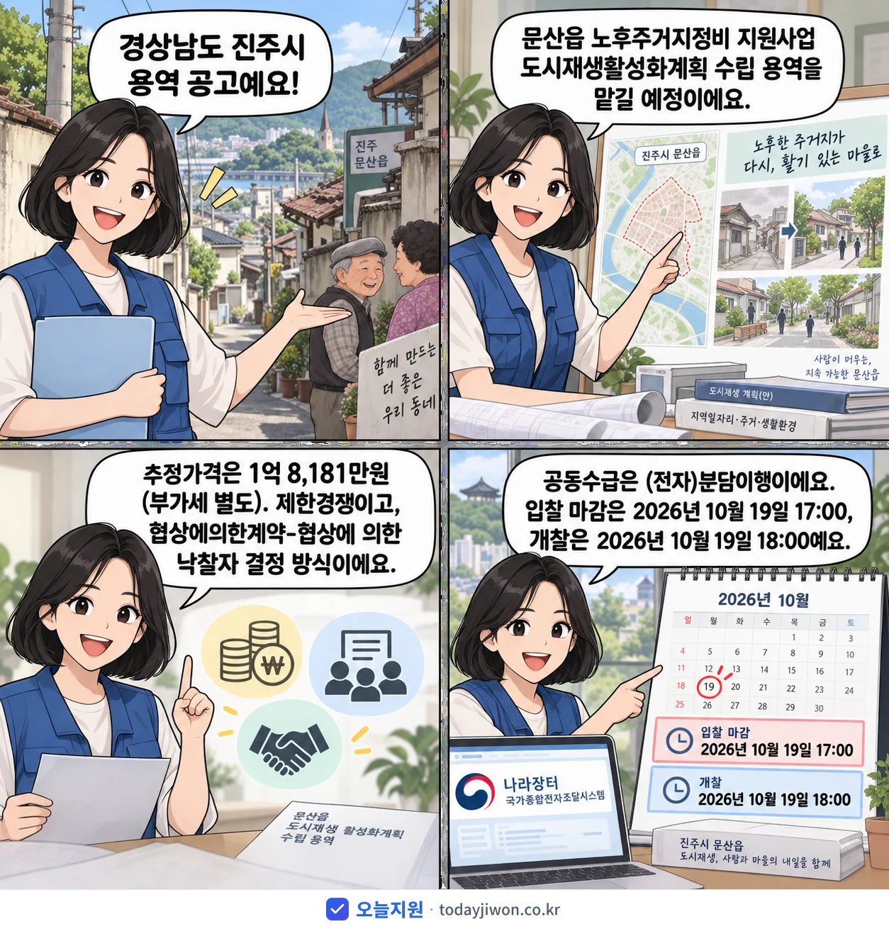 4컷 만화로 보는 공고: 경상남도 진주시 '문산읍 노후주거지정비 지원사업 도시재생활성화계획 수립 용역', 추정가격 1억 8,181만원, 입찰 마감 10/19 17:00