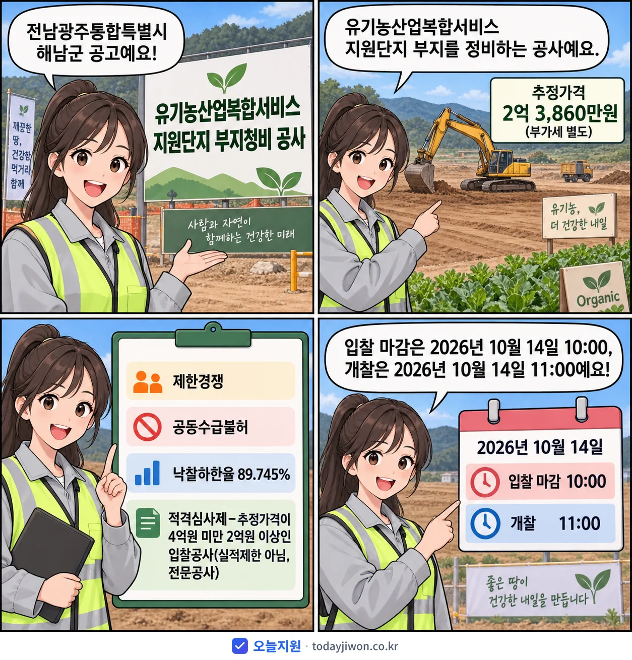 4컷 만화로 보는 공고: 전남광주통합특별시 해남군 '유기농산업복합서비스 지원단지 부지정비 공사', 추정가격 2억 3,860만원, 입찰 마감 10/14 10:00