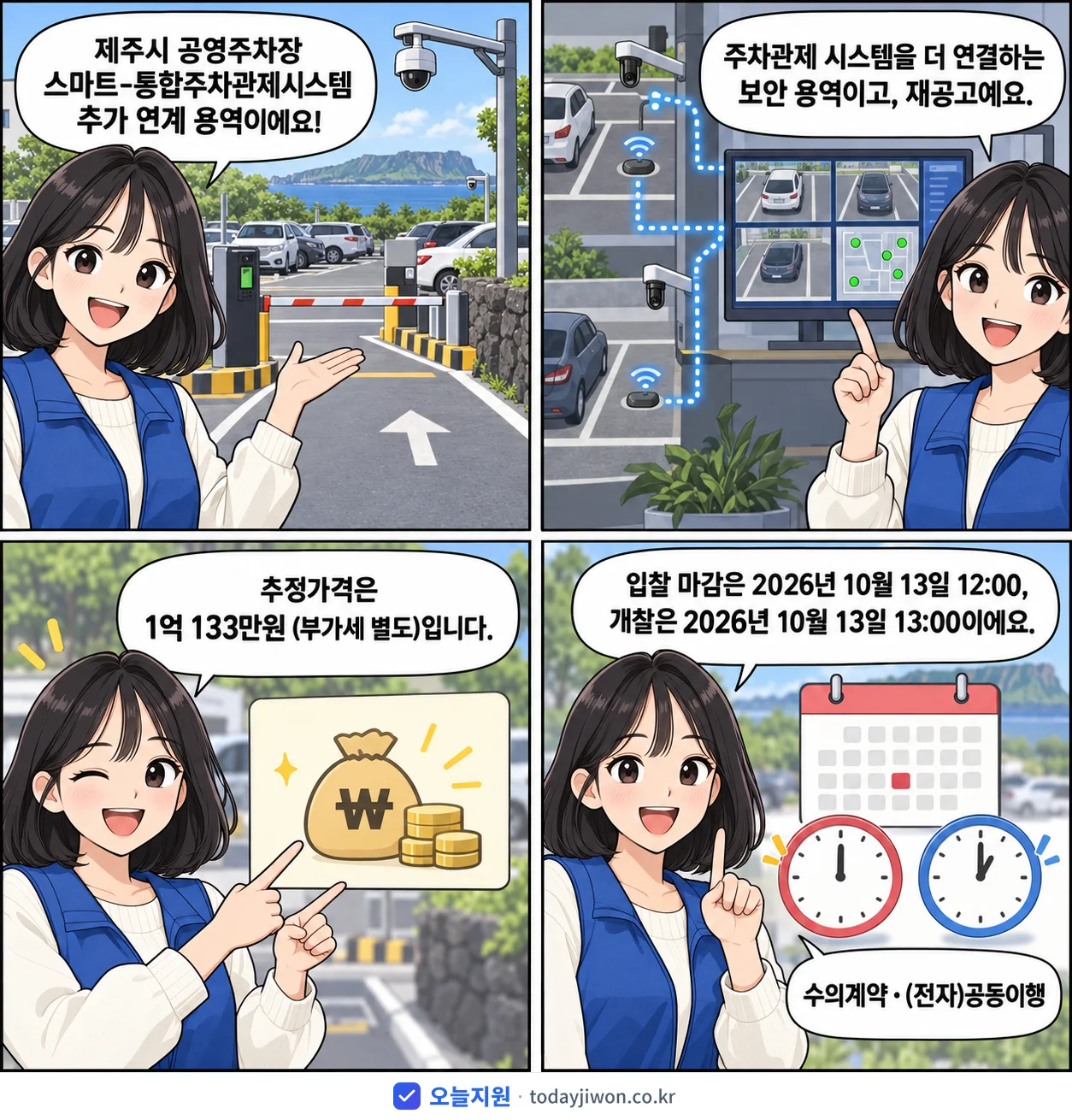 4컷 만화로 보는 공고: 제주특별자치도 제주시 '제주시 공영주차장 스마트-통합주차관제시스템 추가 연계 용역', 추정가격 1억 133만원, 입찰 마감 10/13 12:00