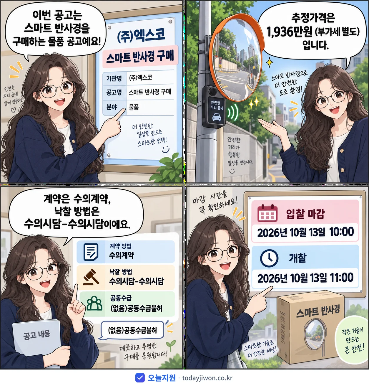 4컷 만화로 보는 공고: (주)엑스코 '스마트 반사경 구매', 추정가격 1,936만원, 입찰 마감 10/13 10:00