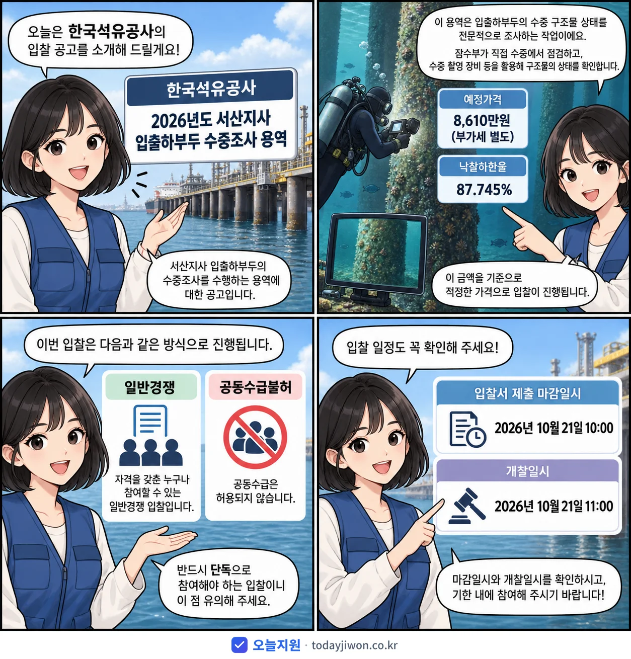 4컷 만화로 보는 공고: 한국석유공사 '서산지사 입출하부두 수중조사 용역', 추정가격 8,610만원, 입찰 마감 10/21 10:00