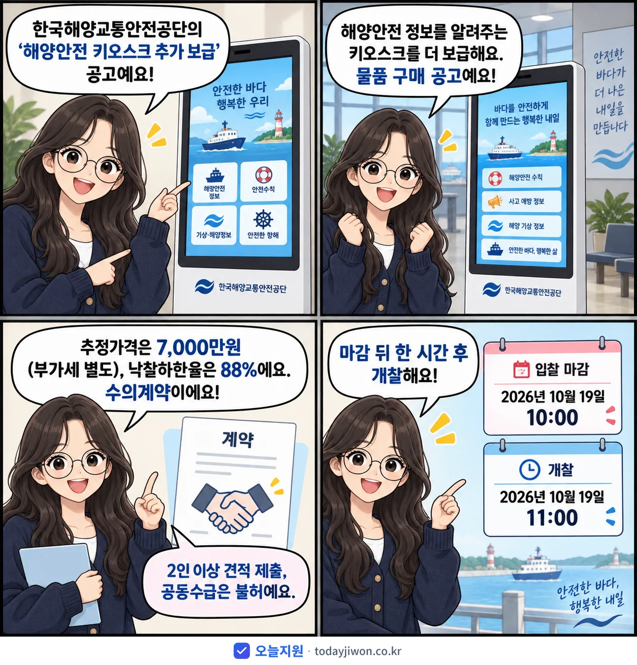 4컷 만화로 보는 공고: 한국해양교통안전공단 '해양안전 키오스크 추가 보급', 추정가격 7,000만원, 입찰 마감 10/19 10:00