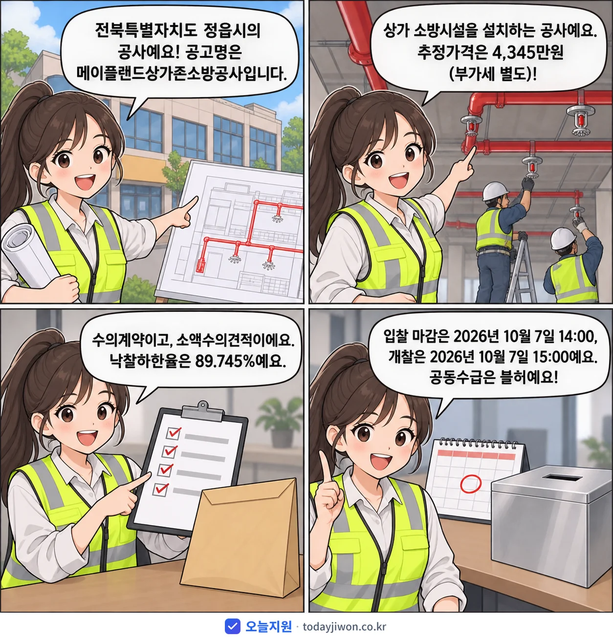4컷 만화로 보는 공고: 전북특별자치도 정읍시 '메이플랜드상가존소방공사', 추정가격 4,345만원, 입찰 마감 10/7 14:00
