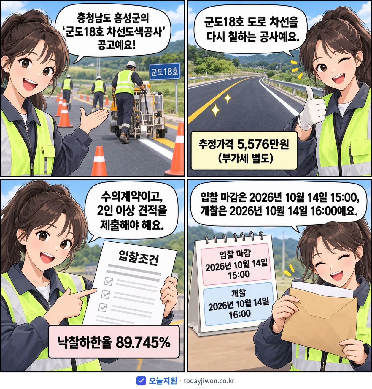 4컷 만화로 보는 공고: 충청남도 홍성군 '군도18호 차선도색공사', 추정가격 5,576만원, 입찰 마감 10/14 15:00