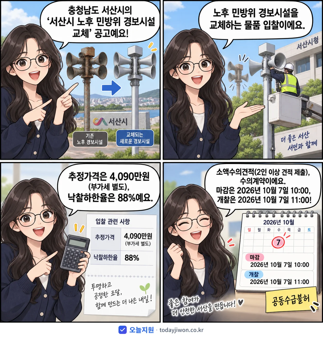 4컷 만화로 보는 공고: 충청남도 서산시 '서산시 노후 민방위 경보시설 교체', 추정가격 4,090만원, 입찰 마감 10/7 10:00