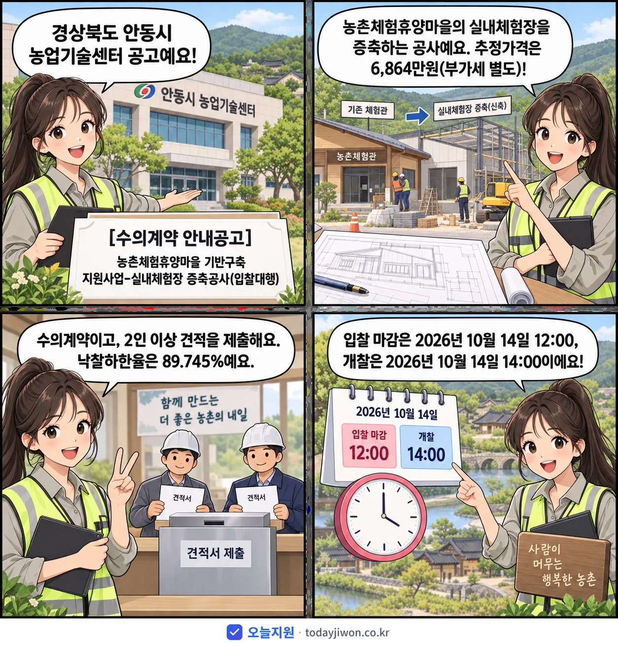 4컷 만화로 보는 공고: 경상북도 안동시 농업기술센터 '농촌체험휴양마을 기반구축 지원사업-실내체험장 증축공사(입찰대행)', 추정가격 6,864만원, 입찰 마감 10/14 12:00