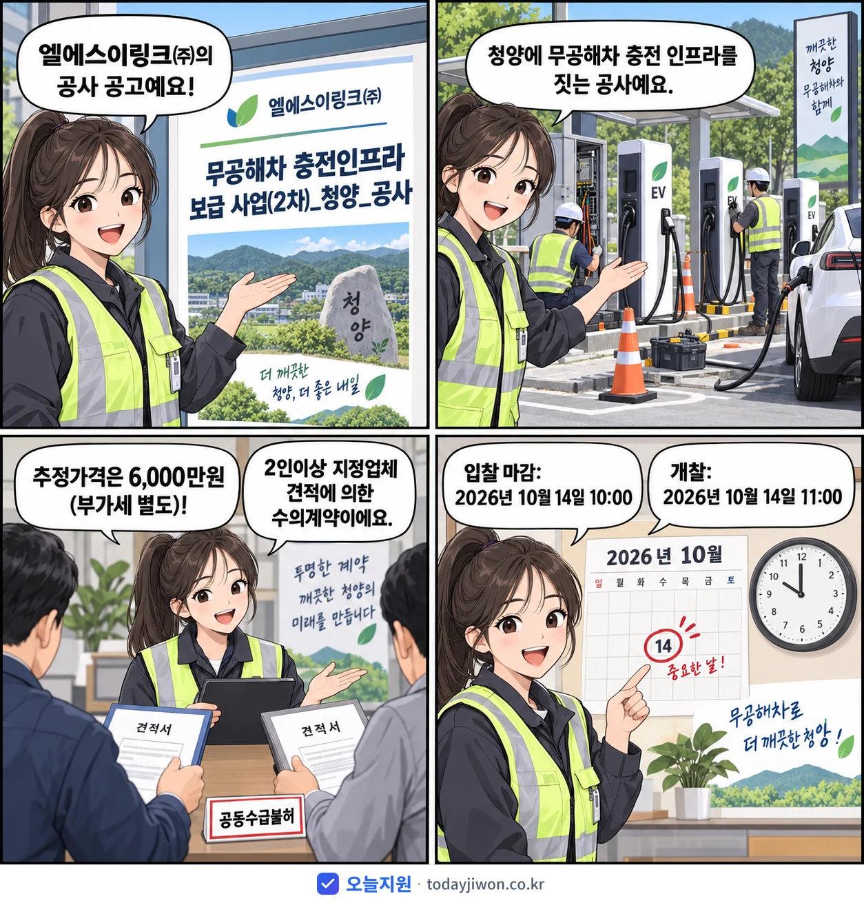 4컷 만화로 보는 공고: 엘에스이링크㈜ '무공해차 충전인프라 보급 사업(2차)_청양_공사', 추정가격 6,000만원, 입찰 마감 10/14 10:00