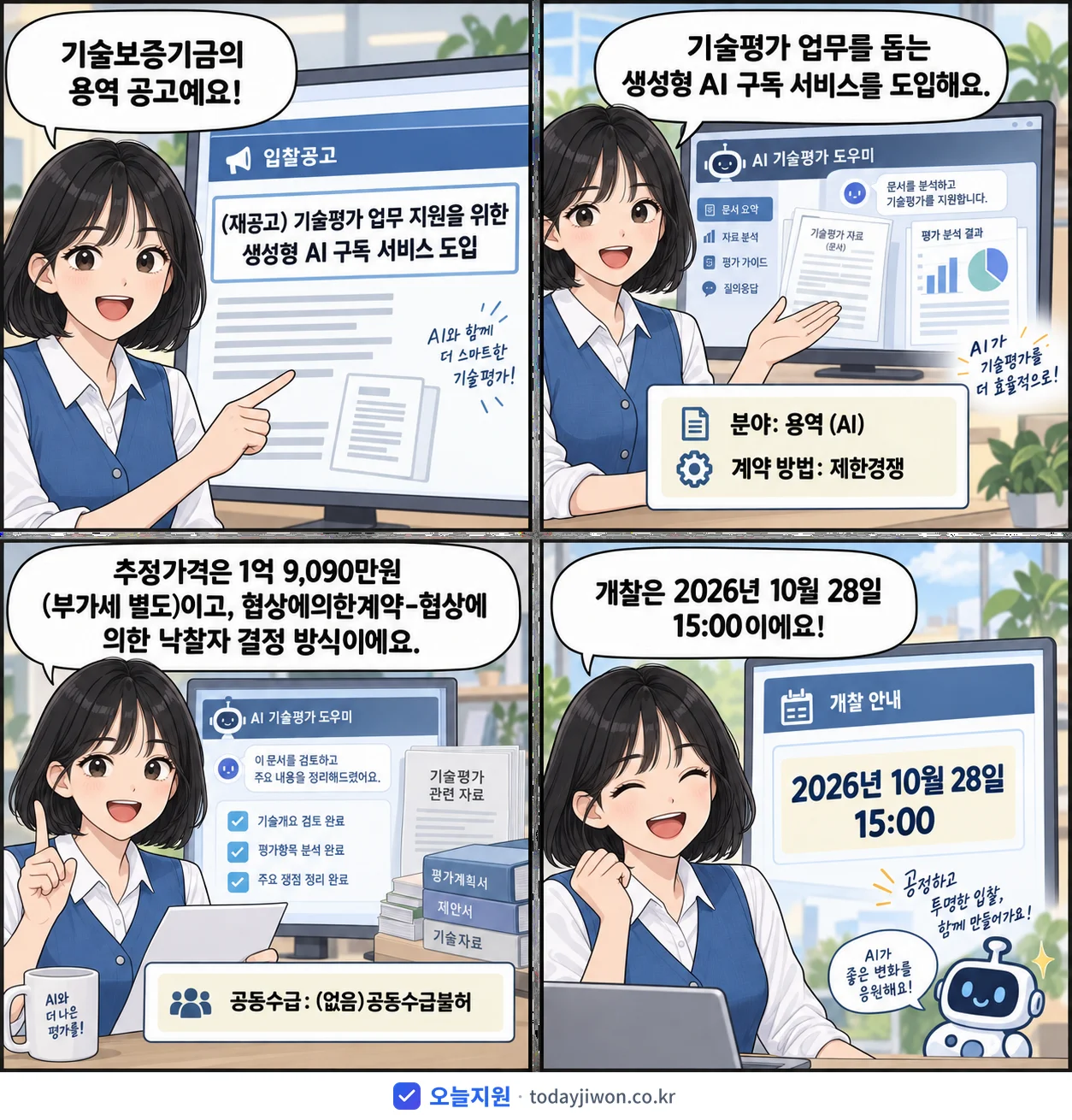 4컷 만화로 보는 공고: 기술보증기금 '기술평가 업무 지원을 위한 생성형 AI 구독 서비스 도입', 추정가격 1억 9,090만원