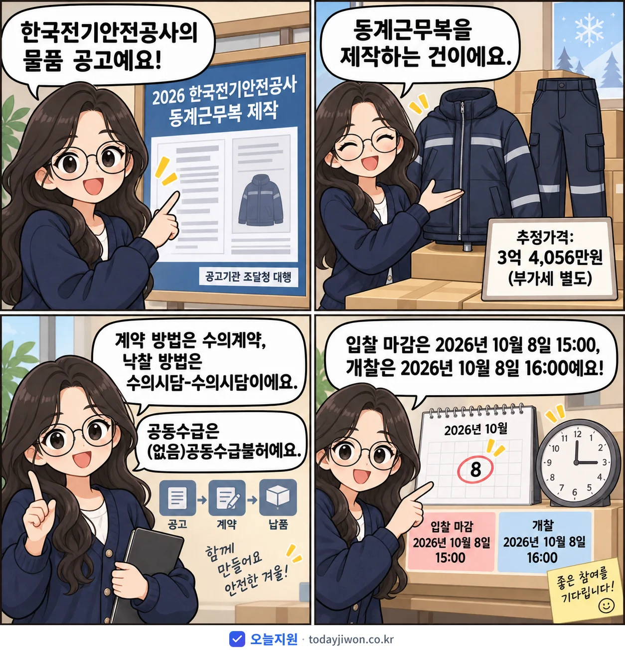 4컷 만화로 보는 공고: 한국전기안전공사 '한국전기안전공사 동계근무복 제작', 추정가격 3억 4,056만원, 입찰 마감 10/8 15:00