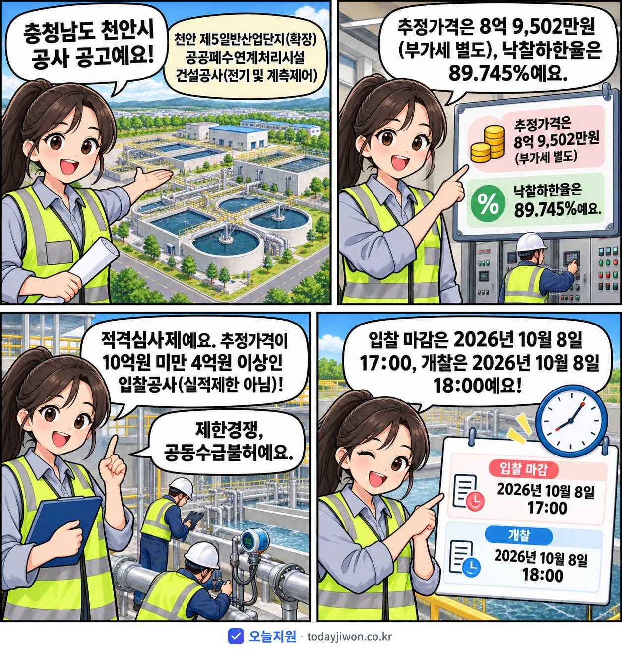 4컷 만화로 보는 공고: 충청남도 천안시 '천안 제5일반산업단지(확장) 공공폐수연계처리시설 건설공사(전기 및 계측…', 추정가격 8억 9,502만원, 입찰 마감 10/8 17:00
