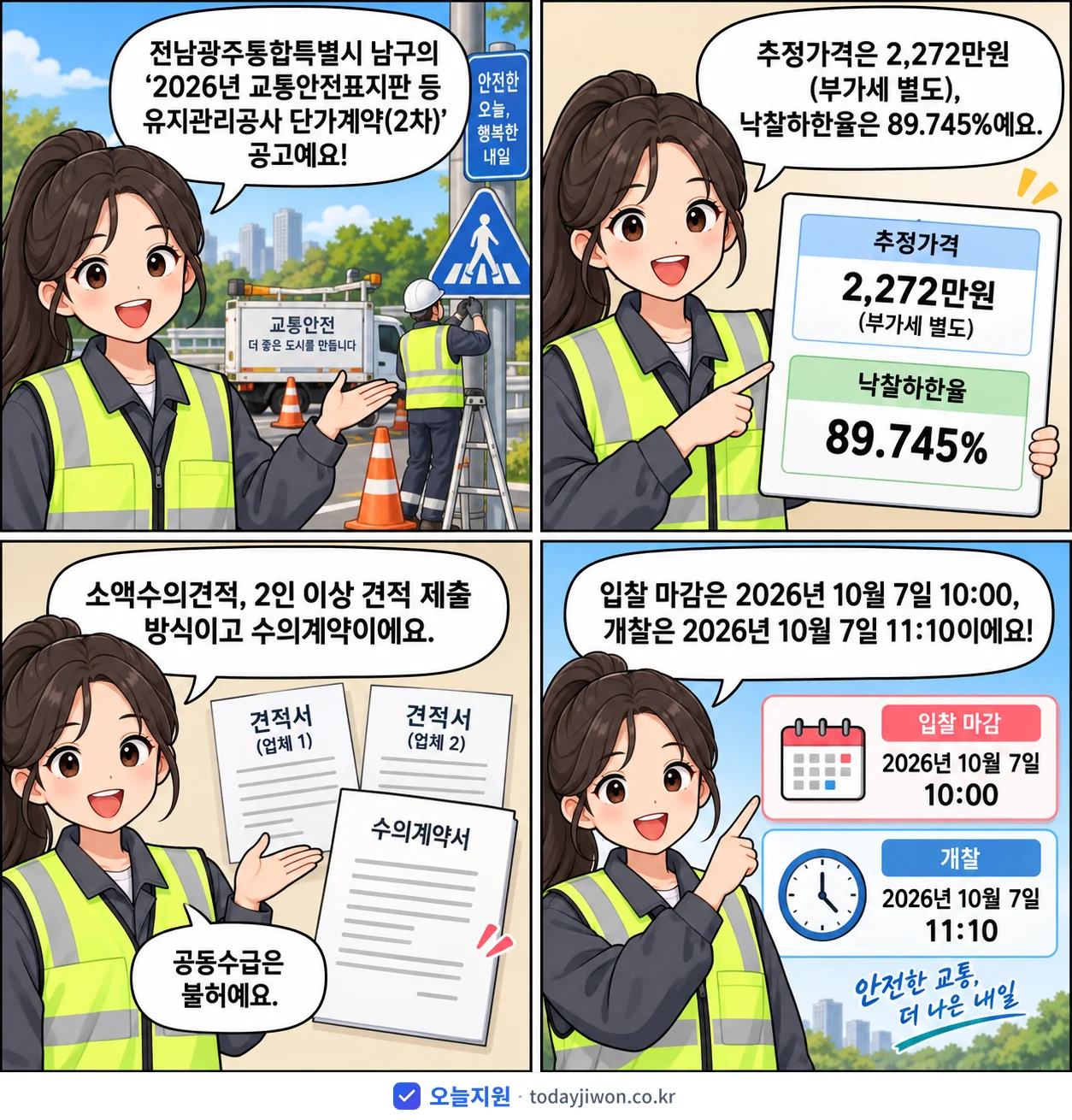 4컷 만화로 보는 공고: 전남광주통합특별시 남구 '교통안전표지판 등 유지관리공사 단가계약(2차)', 추정가격 2,272만원, 입찰 마감 10/7 10:00