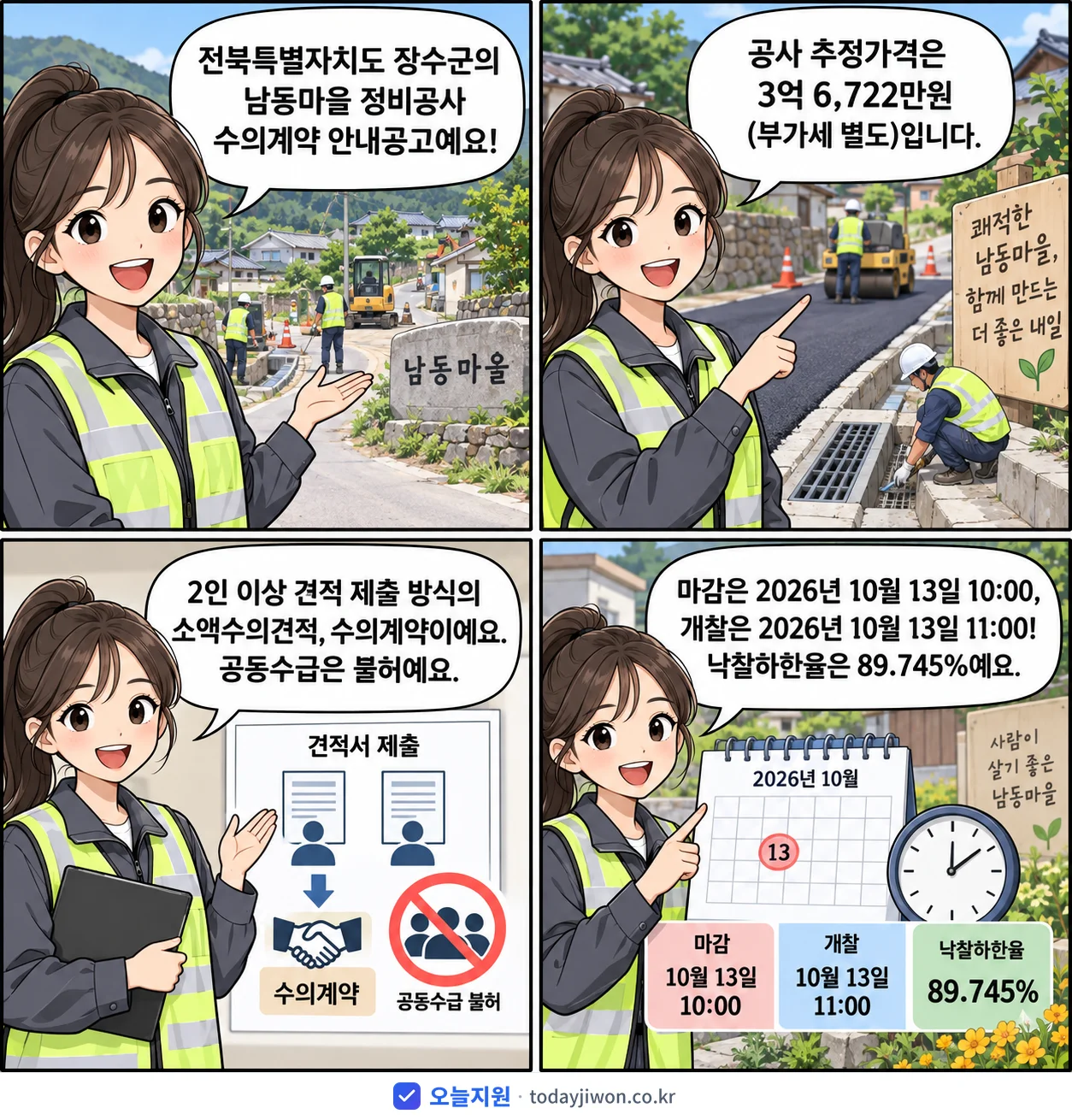 4컷 만화로 보는 공고: 전북특별자치도 장수군 '남동마을 정비공사 수의계약 안내공고', 추정가격 3억 6,722만원, 입찰 마감 10/13 10:00