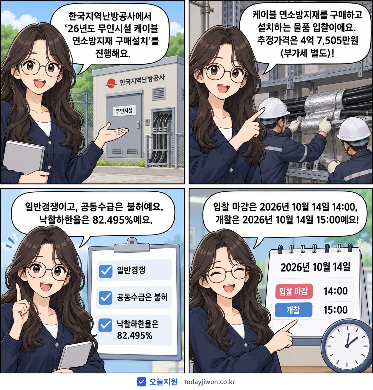 4컷 만화로 보는 공고: 한국지역난방공사 '26년도 무인시설 케이블 연소방지재 구매설치', 추정가격 4억 7,505만원, 입찰 마감 10/14 14:00