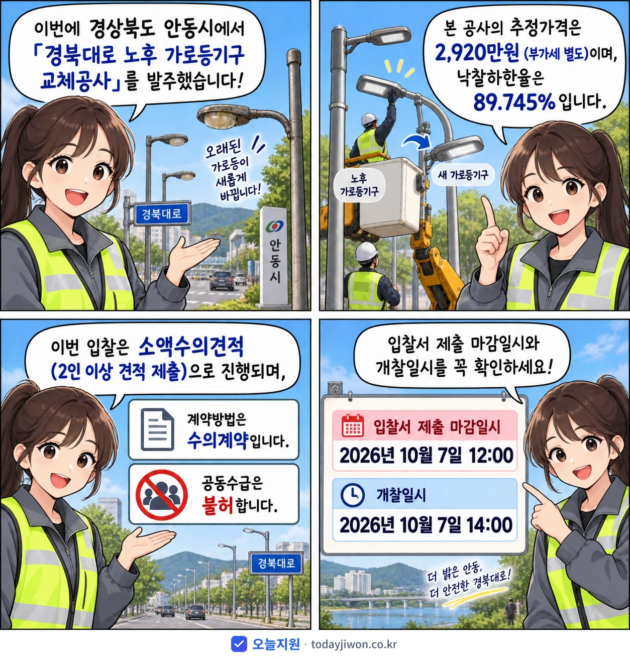 4컷 만화로 보는 공고: 경상북도 안동시 '경북대로 노후 가로등기구 교체공사', 추정가격 2,920만원, 입찰 마감 10/7 12:00