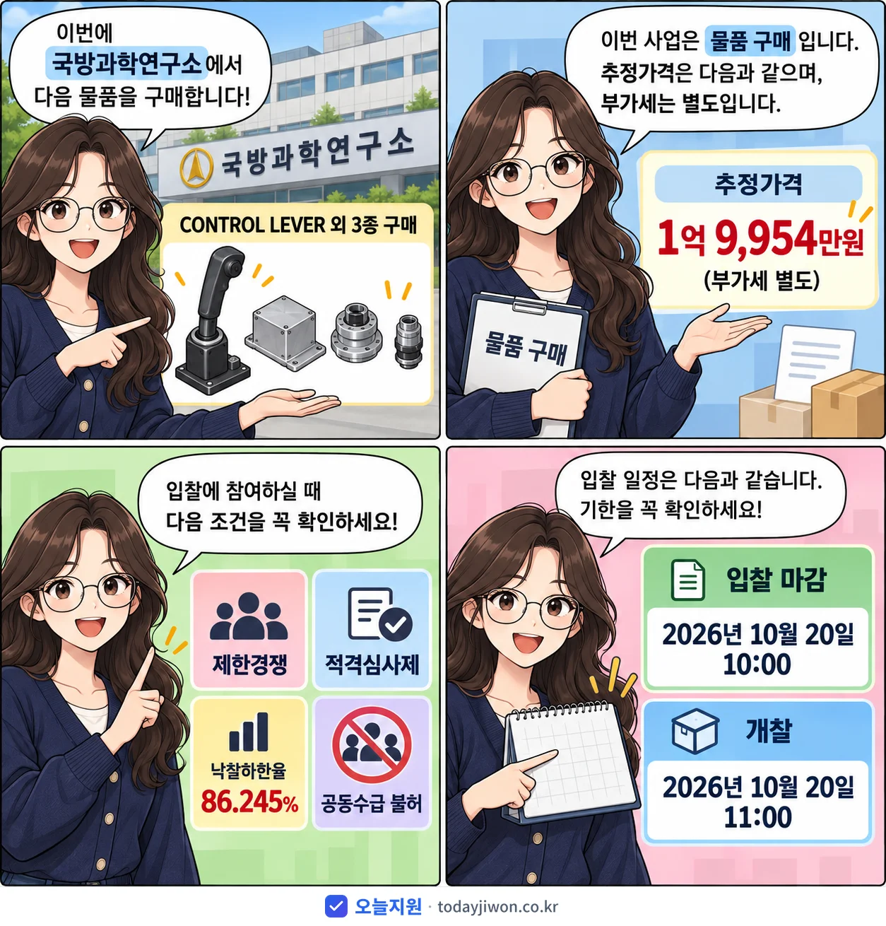 4컷 만화로 보는 공고: 국방과학연구소 'CONTROL LEVER 외 3종 구매', 추정가격 1억 9,954만원, 입찰 마감 10/20 10:00