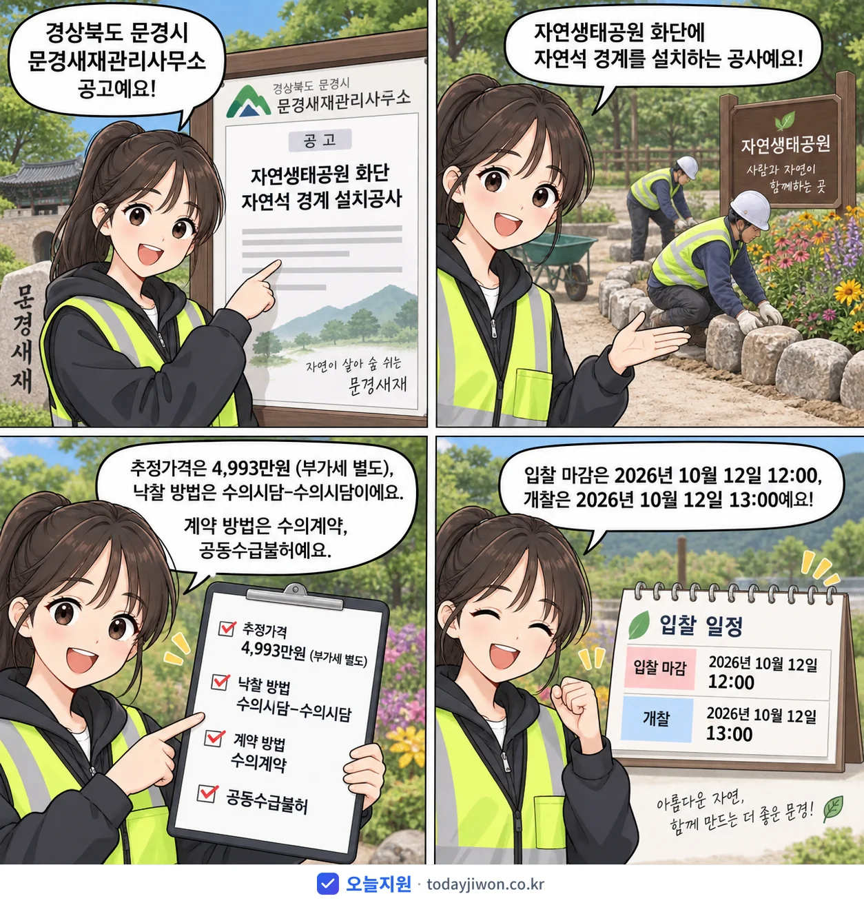 4컷 만화로 보는 공고: 경상북도 문경시 문경새재관리사무소 '자연생태공원 화단 자연석 경계 설치공사', 추정가격 4,993만원, 입찰 마감 10/12 12:00