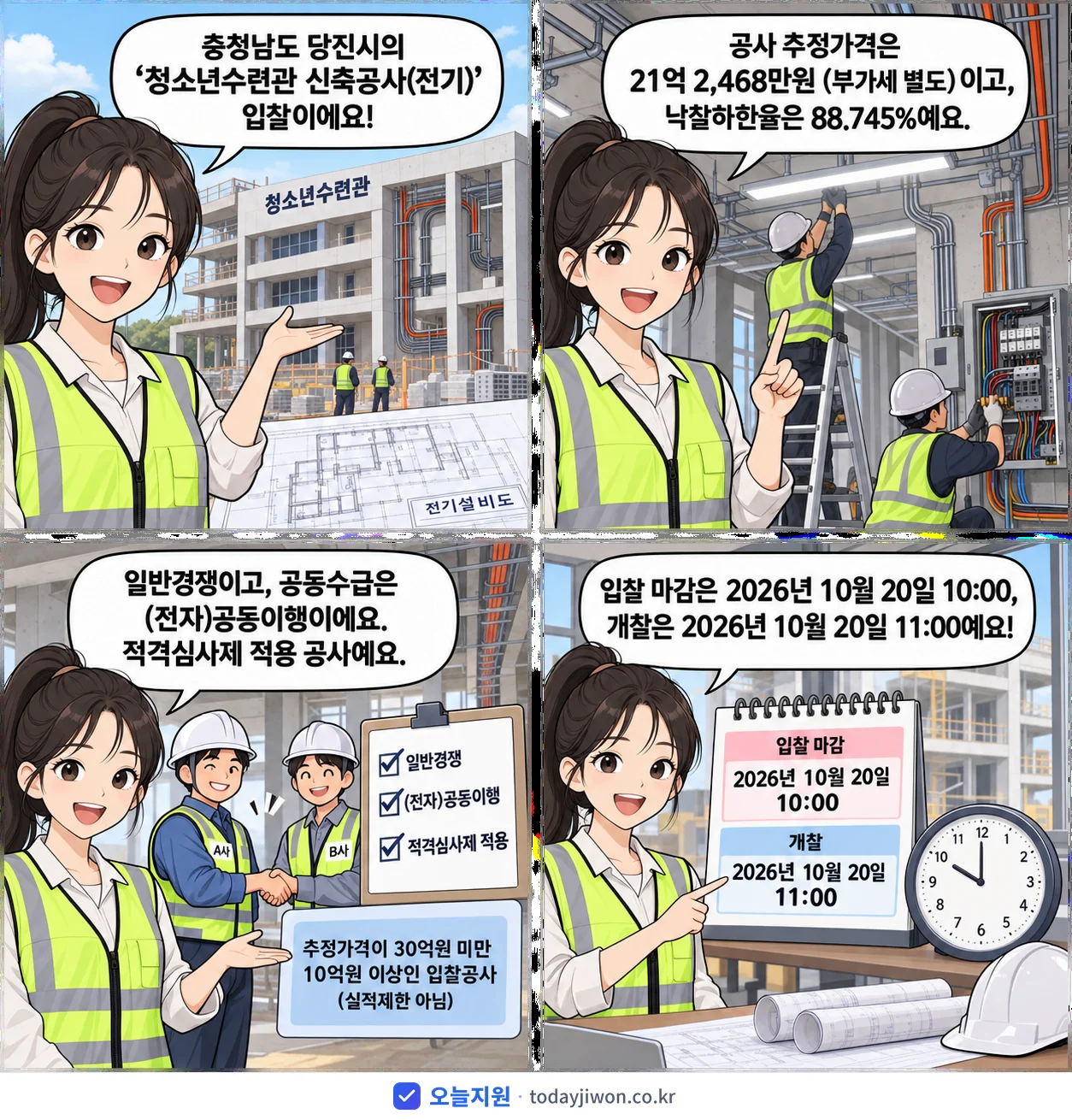 4컷 만화로 보는 공고: 충청남도 당진시 '청소년수련관 신축공사(전기)', 추정가격 21억 2,468만원, 입찰 마감 10/20 10:00