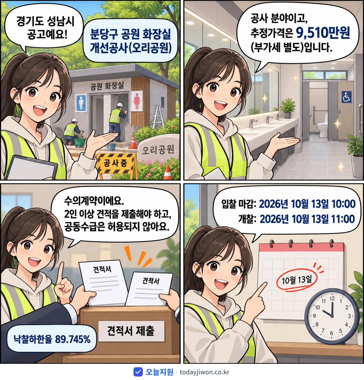 4컷 만화로 보는 공고: 경기도 성남시 '분당구 공원 화장실 개선공사(오리공원)', 추정가격 9,510만원, 입찰 마감 10/13 10:00