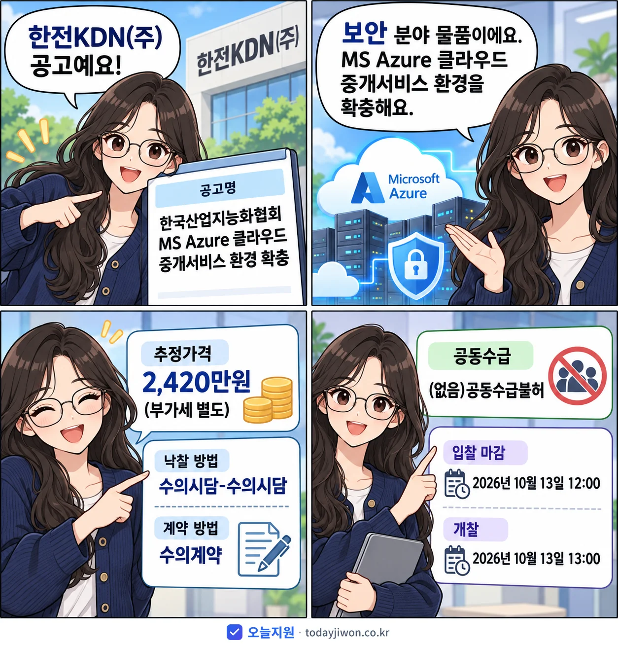 4컷 만화로 보는 공고: 한전KDN(주) '한국산업지능화협회 MS Azure 클라우드 중개서비스 환경 확충', 추정가격 2,420만원, 입찰 마감 10/13 12:00