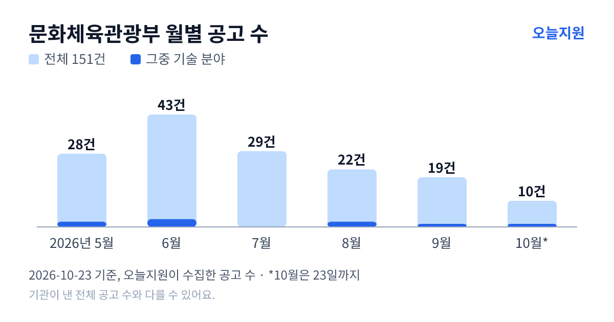 문화체육관광부 월별 지원사업 공고 수(오늘지원 수집 기준) — 5월 28건, 6월 43건, 7월 29건, 8월 22건, 9월 19건, 10월 10건