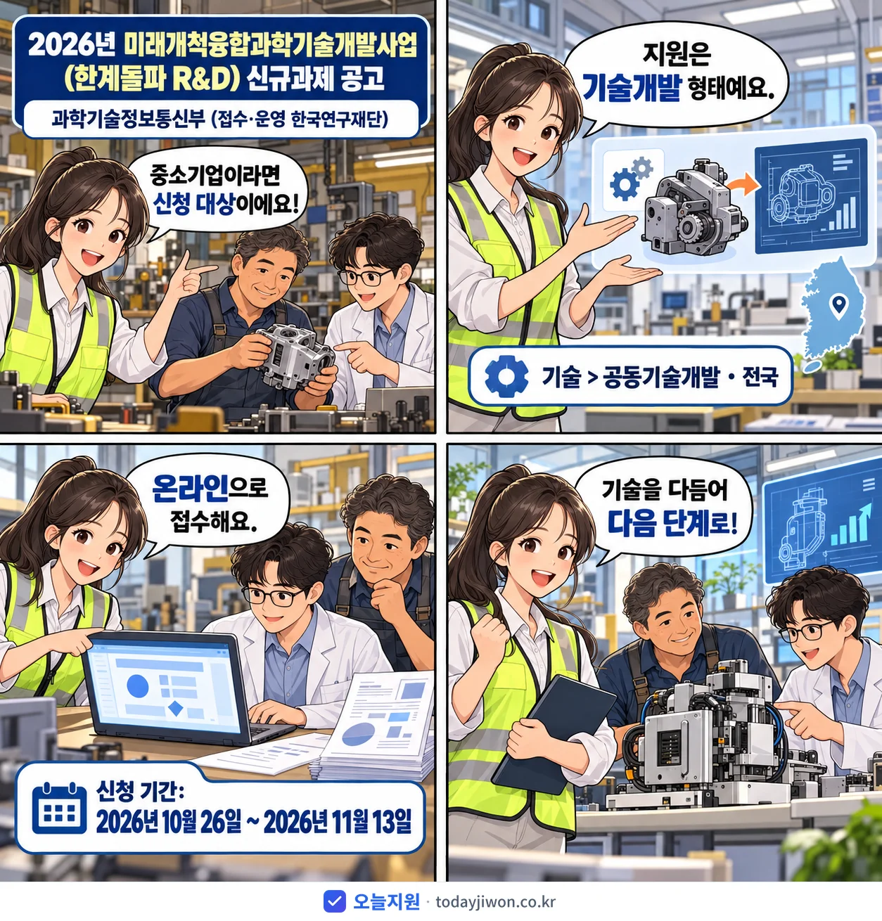 ‘미래개척융합과학기술개발사업(한계돌파 R&D) 신규과제…’를 소개하는 4컷 만화 — 과학기술정보통신부 · 11월 13일 마감