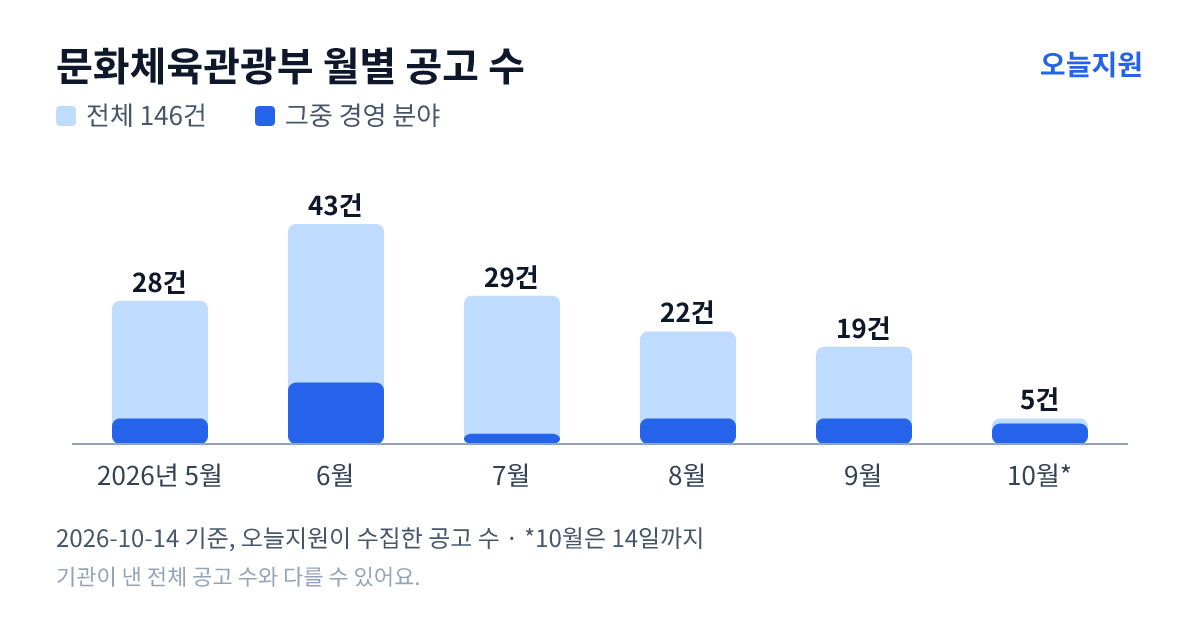 문화체육관광부 월별 지원사업 공고 수(오늘지원 수집 기준) — 5월 28건, 6월 43건, 7월 29건, 8월 22건, 9월 19건, 10월 5건