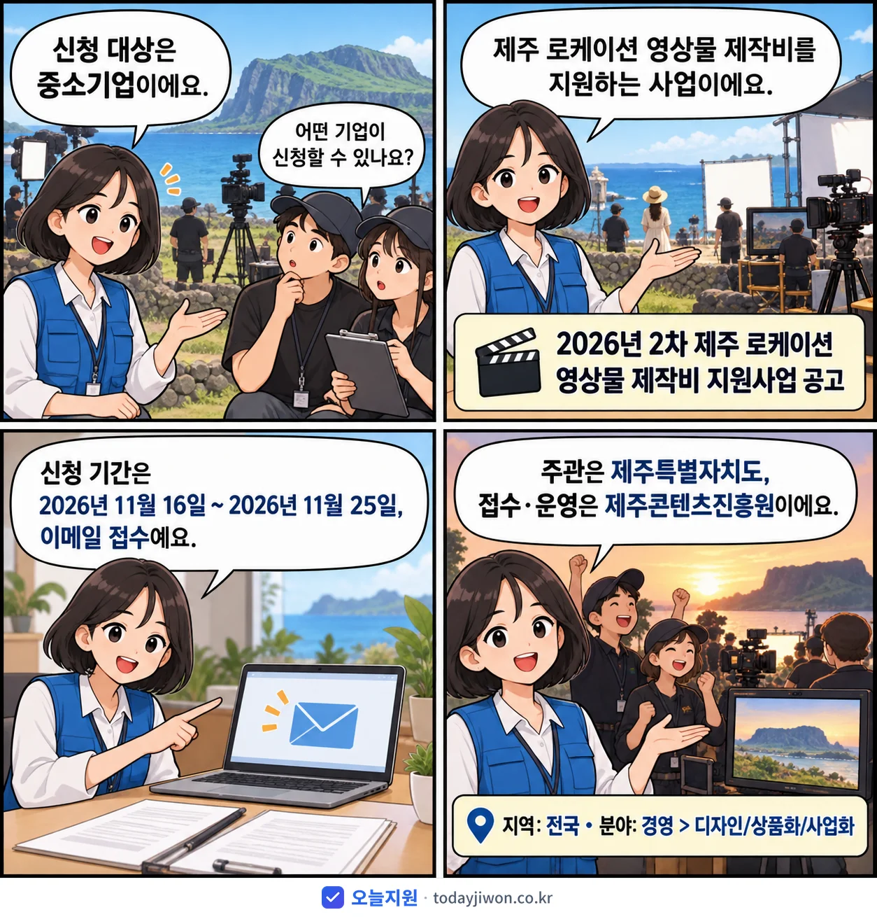 ‘2차 제주 로케이션 영상물 제작비 지원사업 공고’를 소개하는 4컷 만화 — 제주특별자치도 · 11월 25일 마감