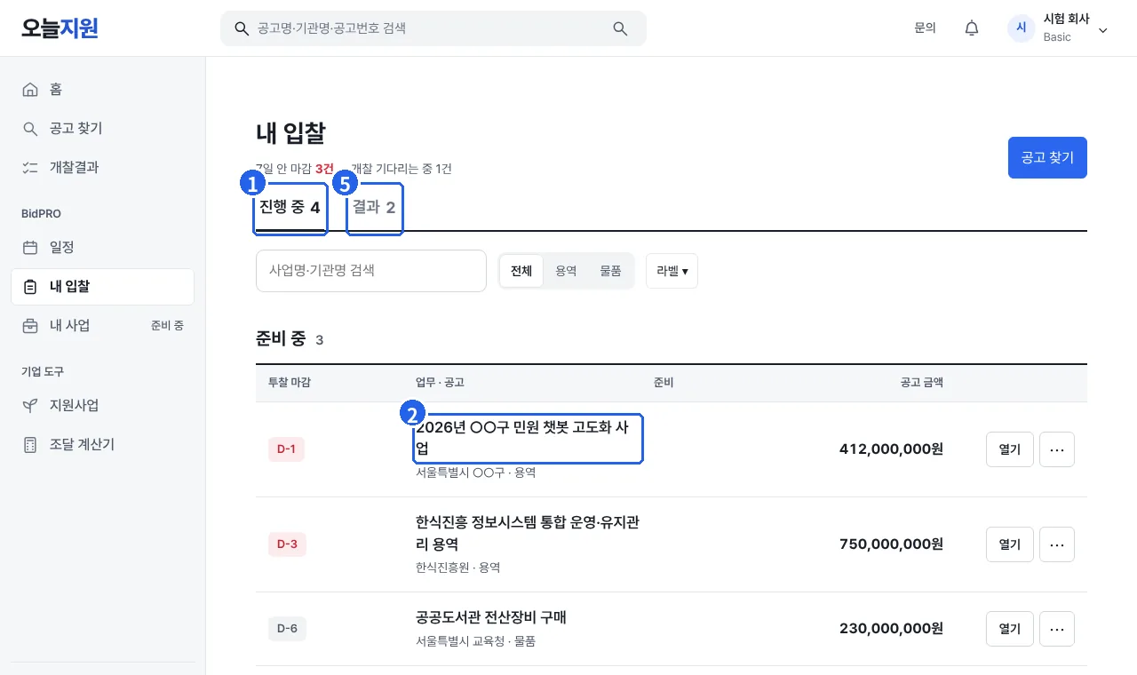 내 입찰 화면. 진행 중 탭, 입찰 제목, 결과 탭에 번호가 붙어 있다.